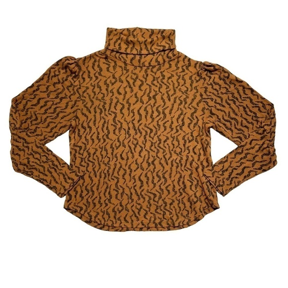 Anthropologie Puff Sleeve Abstract Animal Print Turtleneck Long Sleeve Top US XS - Picture 2 of 11